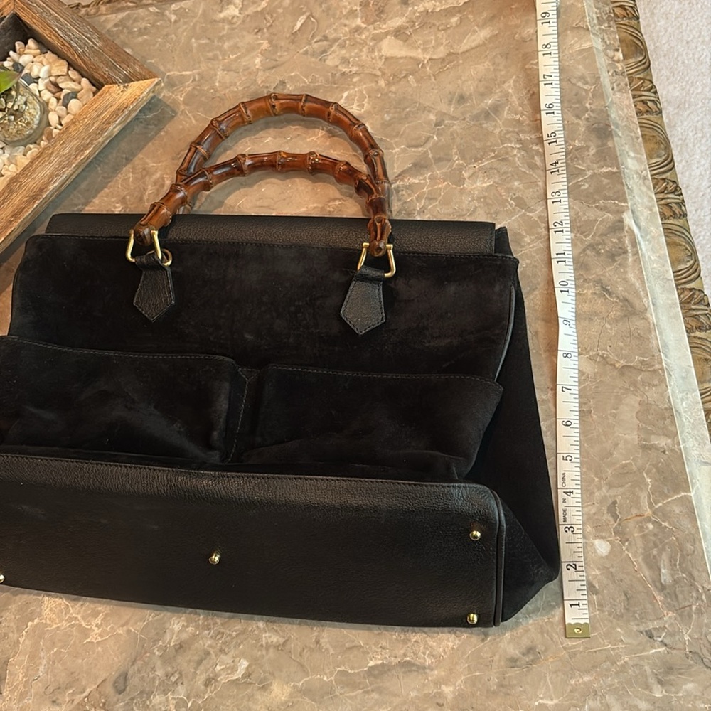 Black Suede Handbag with Bamboo Handles - Picture 15 of 16
